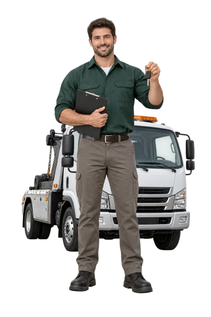 Vehicle advisor holding car keys in front of a tow truck