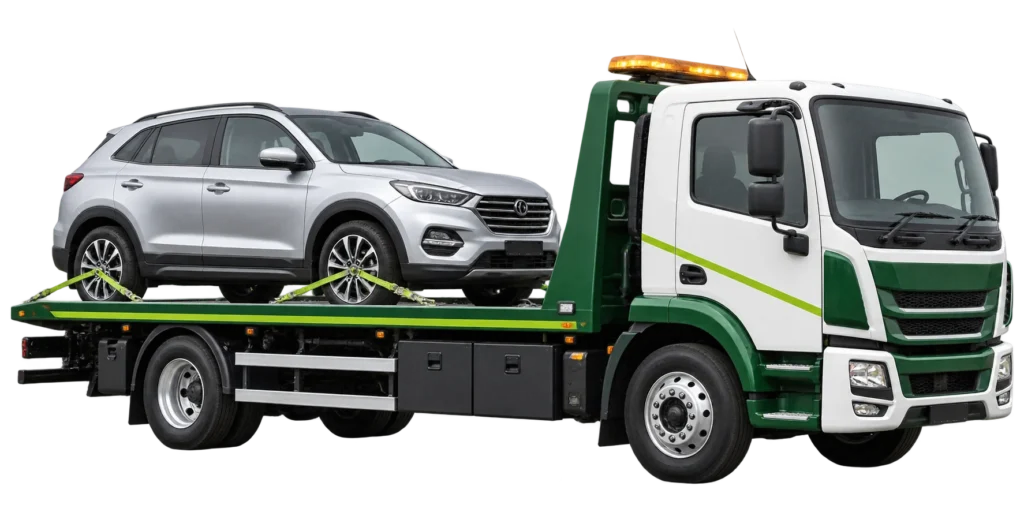 Flatbed tow truck carrying a silver SUV